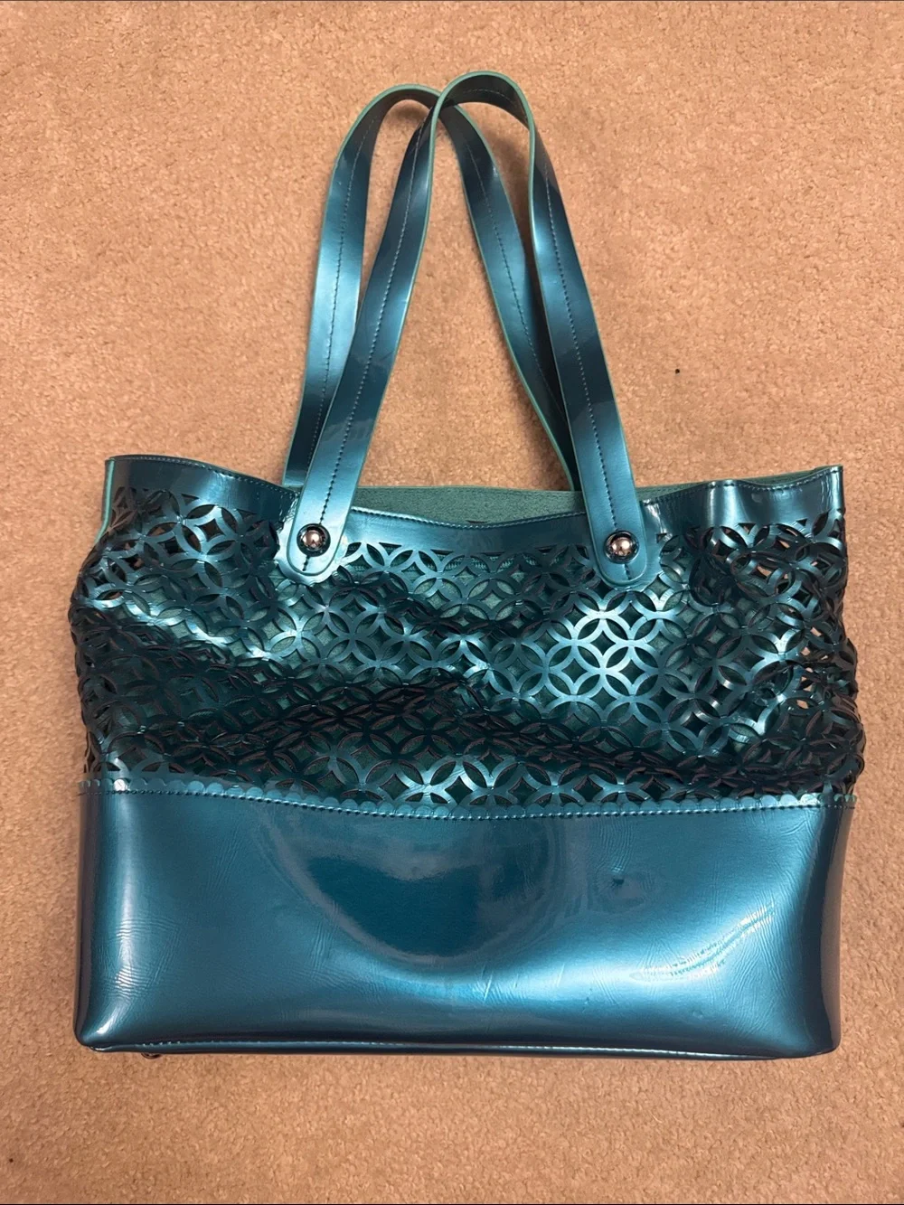 Metallic Teal Laser-Cut Tote Bag with Double Straps